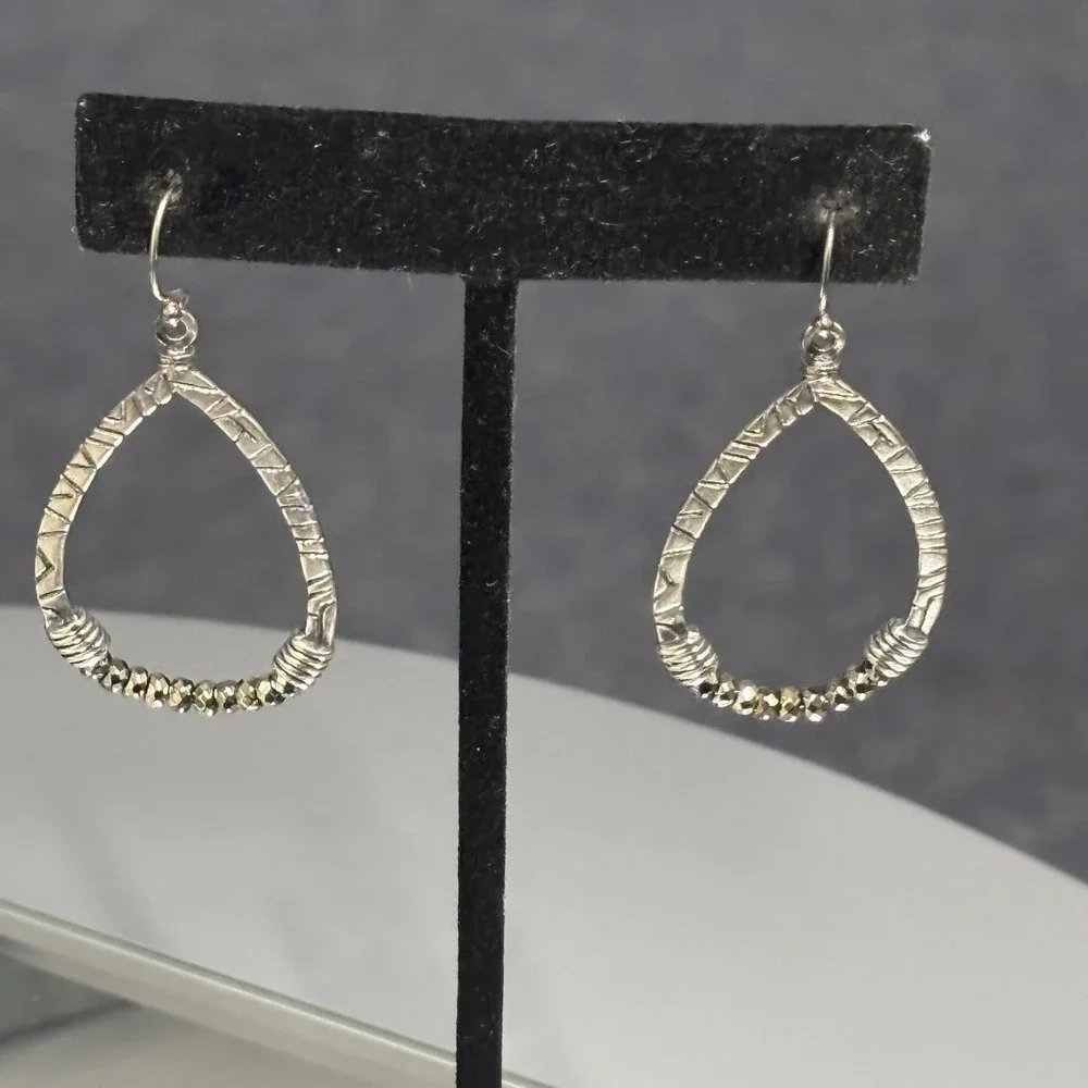 G&H‎ 925 Sterling Silver Teardrop Dangle Earrings Hammered Oxidized Beaded Hook
